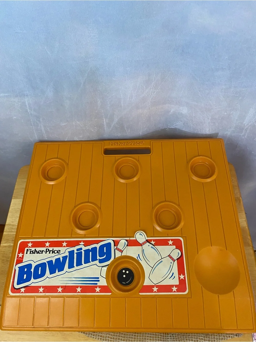Vintage 1987 Fisher-Price White Pin Bowling Set with Red Ball on Orange Base